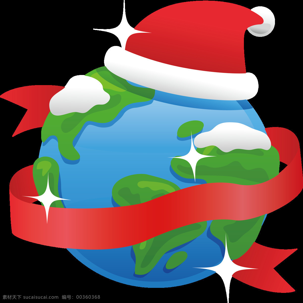 手绘 圣诞节 地球 元素 卡通 绿色地球 雪花 圣诞帽 免抠