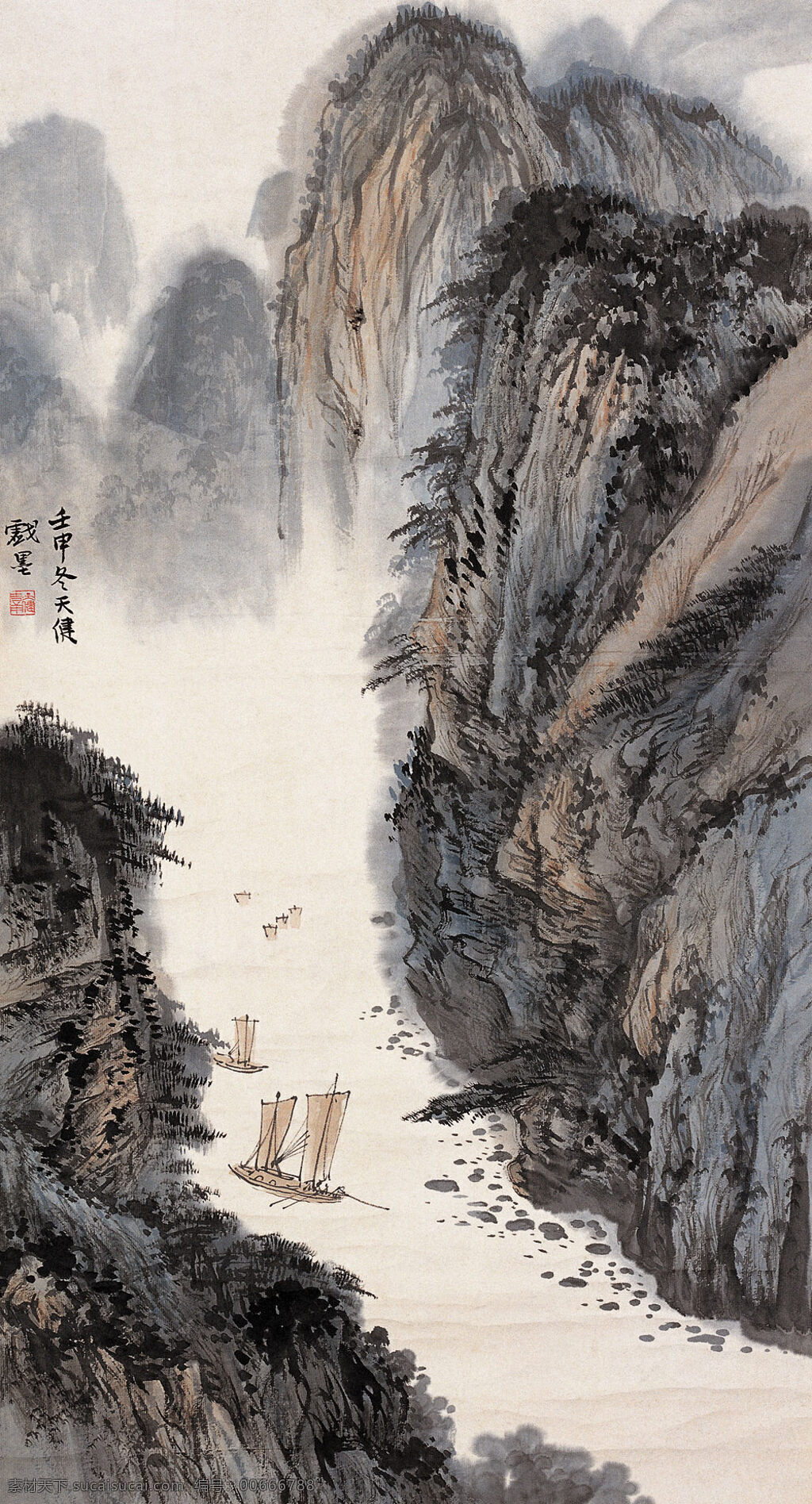 山水国画 峡江帆影图 立轴 设计素材 山水画篇 中国画篇 书画美术 灰色