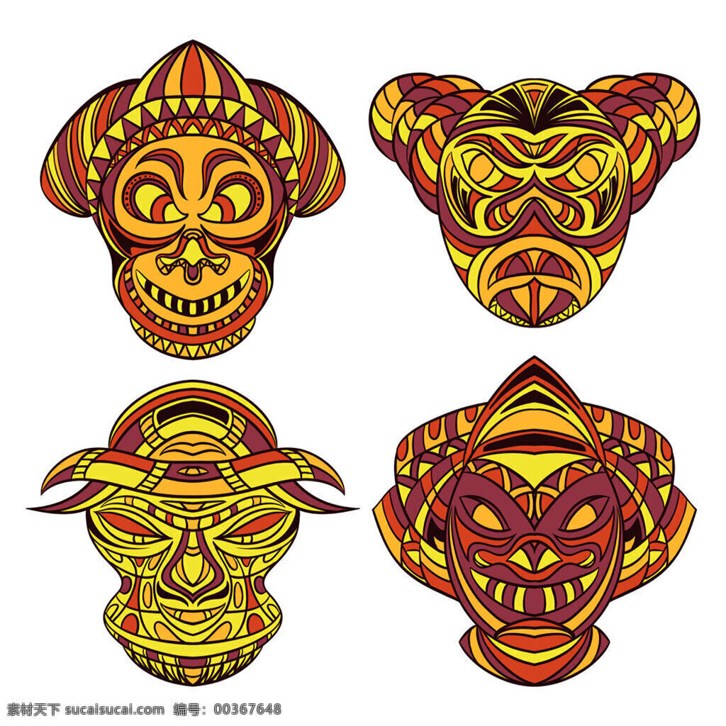 黄色 红色 虎 纹 面具 复古 红黄虎纹面具 矢量 面具模板 面具图片下载