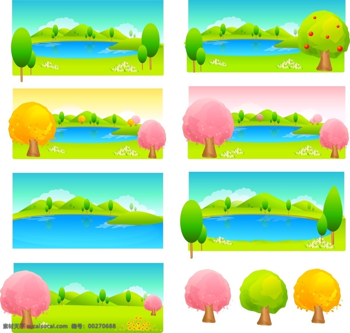 彩色 树木 湖泊 湖 色 树 糖果色 季节变换 矢量图 花纹花边