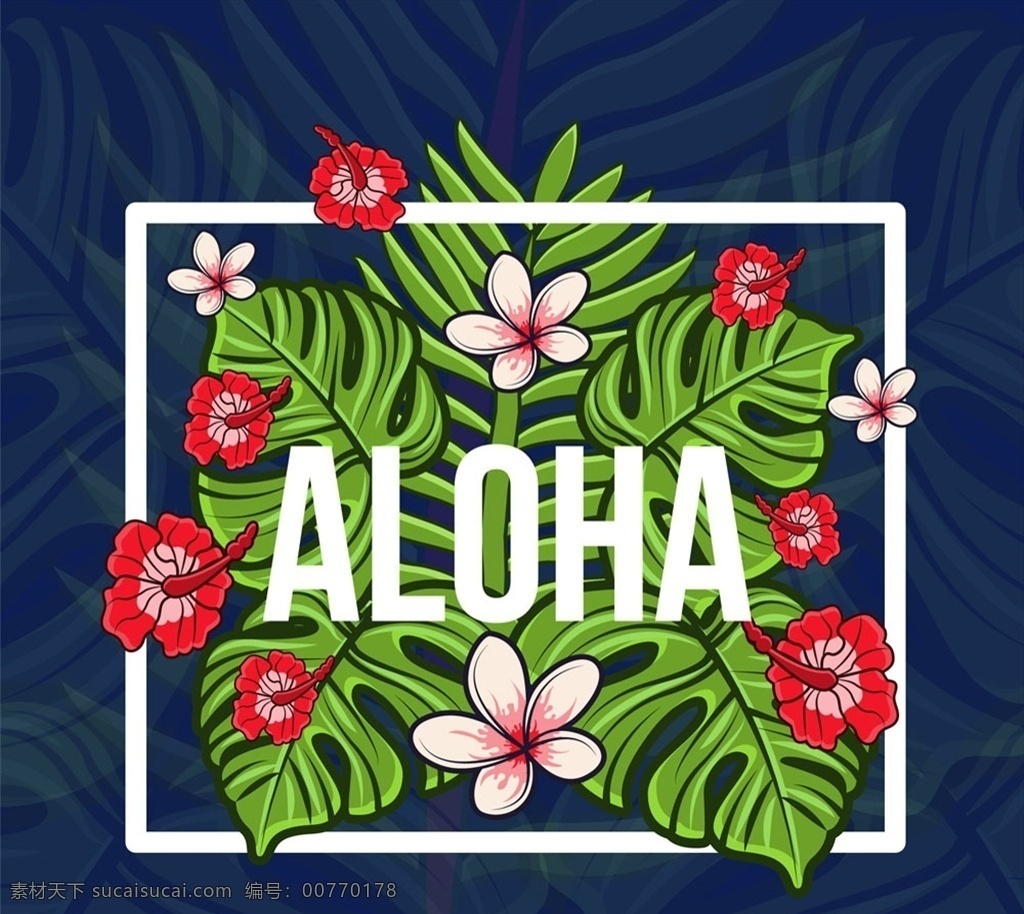 彩色 夏威夷 热带 花卉 树叶 矢量 扶桑花 鸡蛋花 棕榈树叶 底纹边框 花边花纹