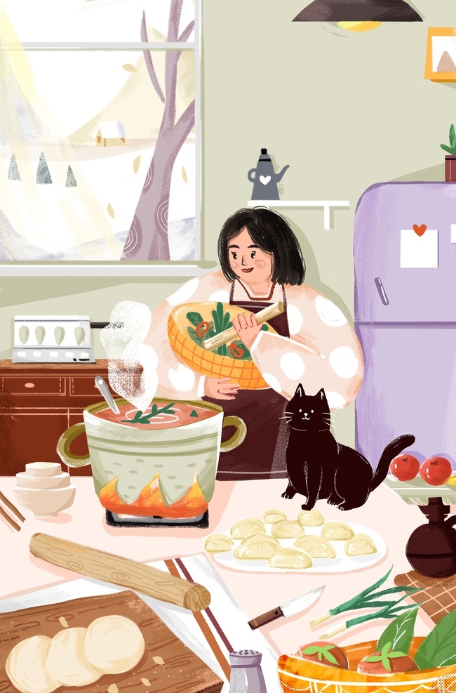 人物 少女 厨房 插画 卡通 背景 素材图片 清新 类