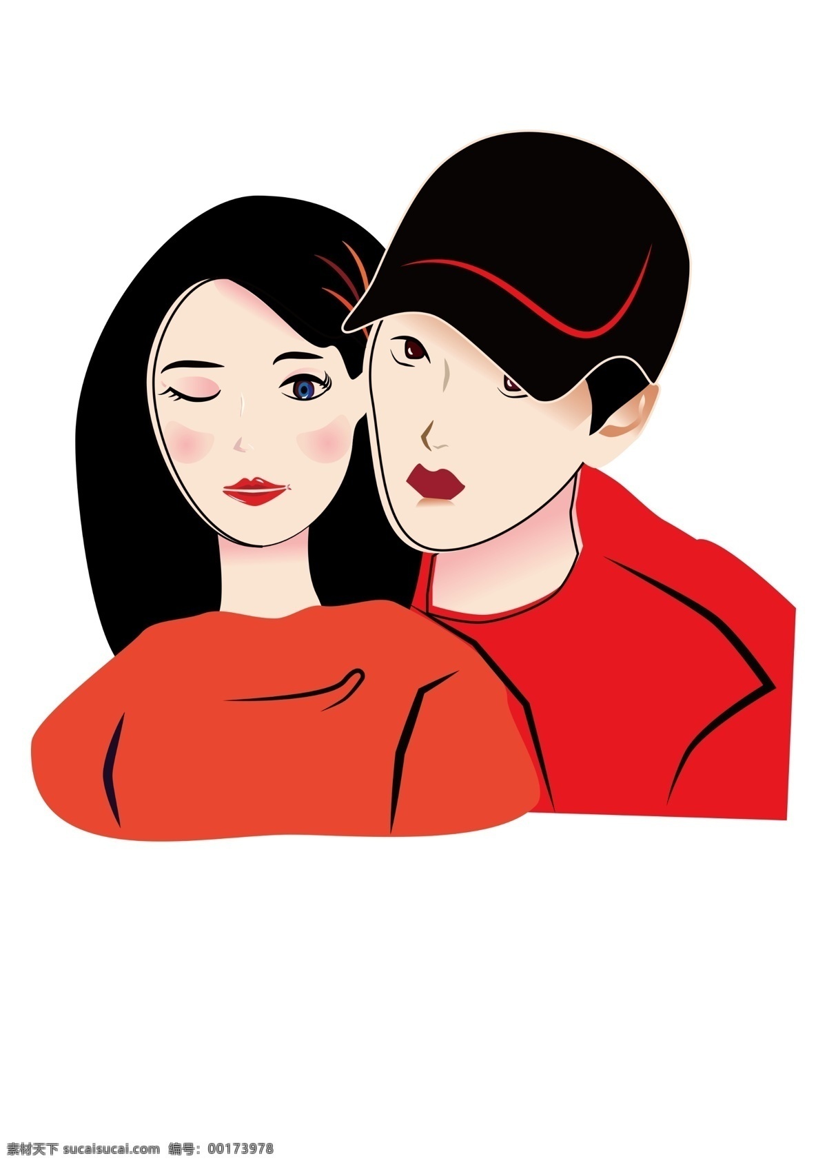 相拥的情侣 商业用图 相 拥 男女 情侣 红色 长发少女 戴帽子的少年 杂志用图 插画 矢量结构用图