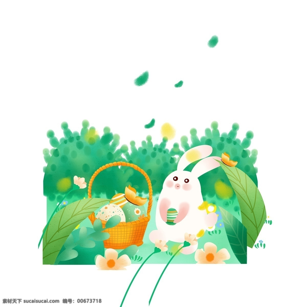 手绘 卡通 草丛 中 小 兔子 元素 小兔子 花朵 元素设计 装饰图案 彩色元素 卡通元素 可爱元素