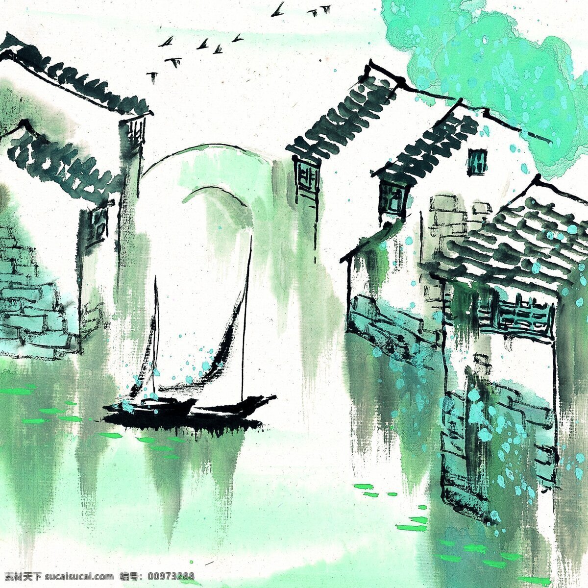 江南 水乡 国画 美丽 小舟 装饰 文化艺术