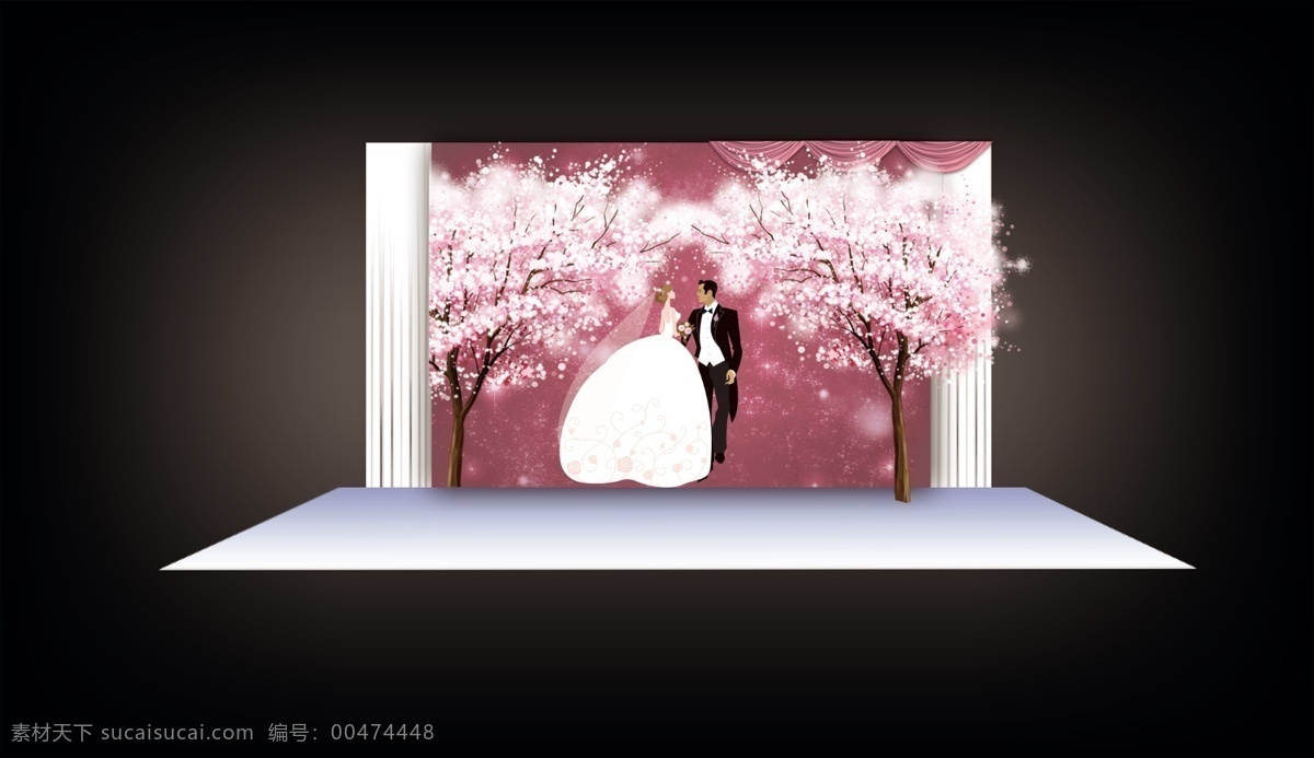 婚礼 展示区 喷绘 樱花 粉色 黑色
