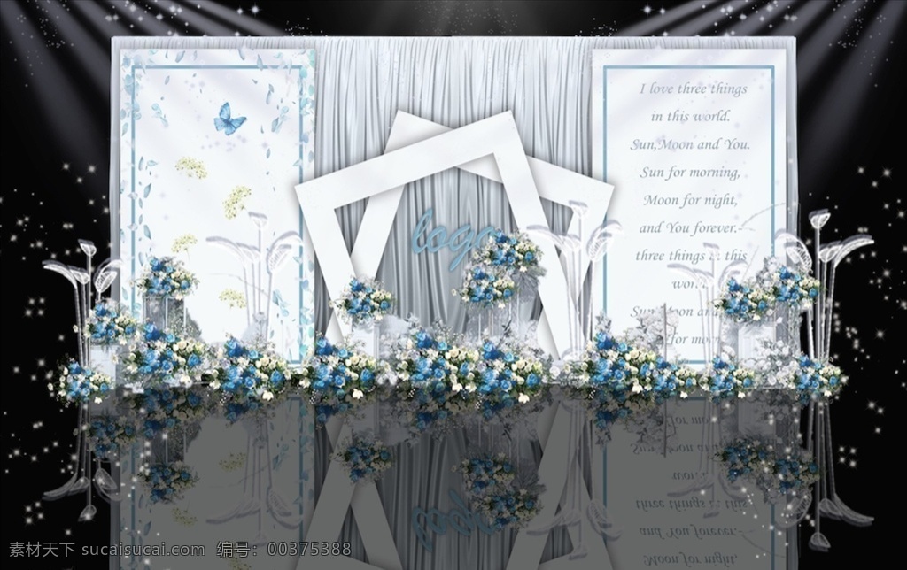 蓝白 色系 婚礼 迎宾 区 效果图 创意几何结构 合影区 蝴蝶素材 花瓣素材 灰色布幔素材 简约大气 婚礼效果图 展板模板