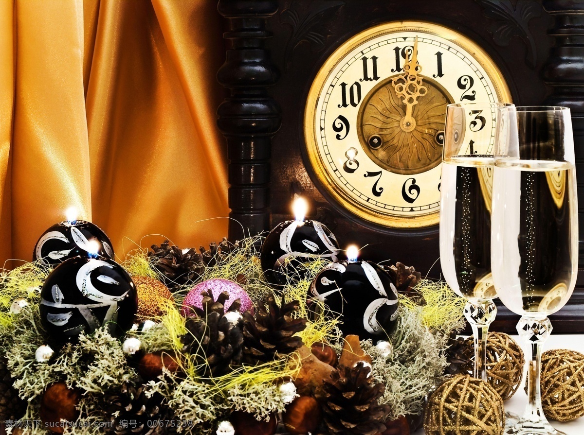新年 快乐 彩蛋 工艺品 欢庆 节日庆祝 节日素材 漂亮 庆祝 新年快乐 香槟 松球 钟表 仪器 文化艺术 矢量图 现代科技