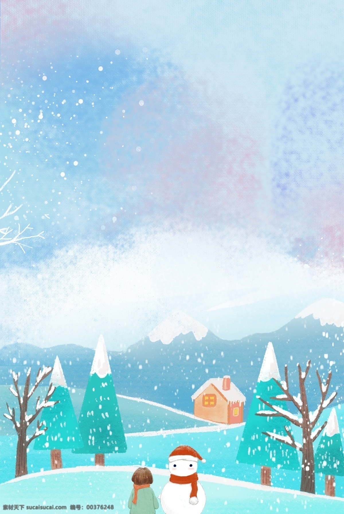 创意 雪景 自然风景 合成 背景 风景 下雪 树木 雪人 房屋 简约 卡通