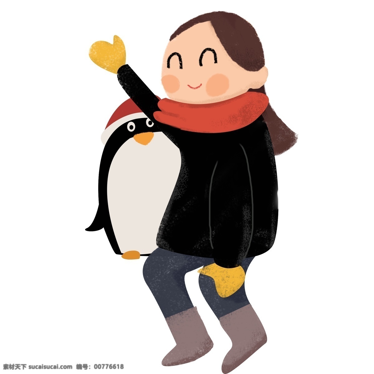 可爱 女孩 抱 企鹅 玩偶 原创 元素 开心 设计元素 原创元素
