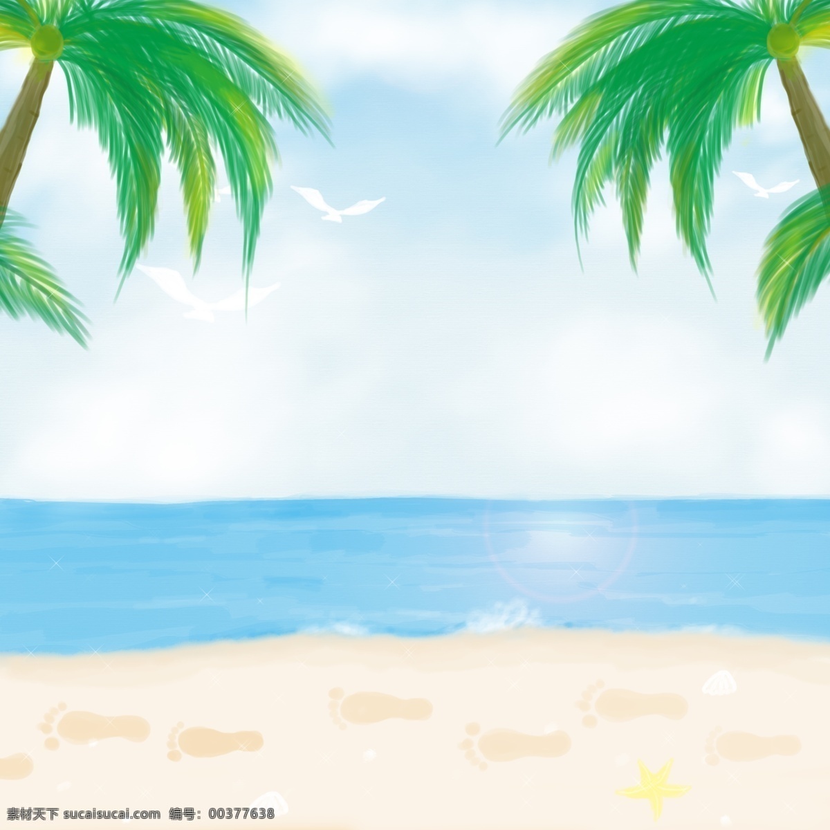 卡通 海洋 沙滩 天空 背景 陆地 海岛 白云 椰子树 动物 海藻 珊瑚 鲸鱼 海底 卡通设计
