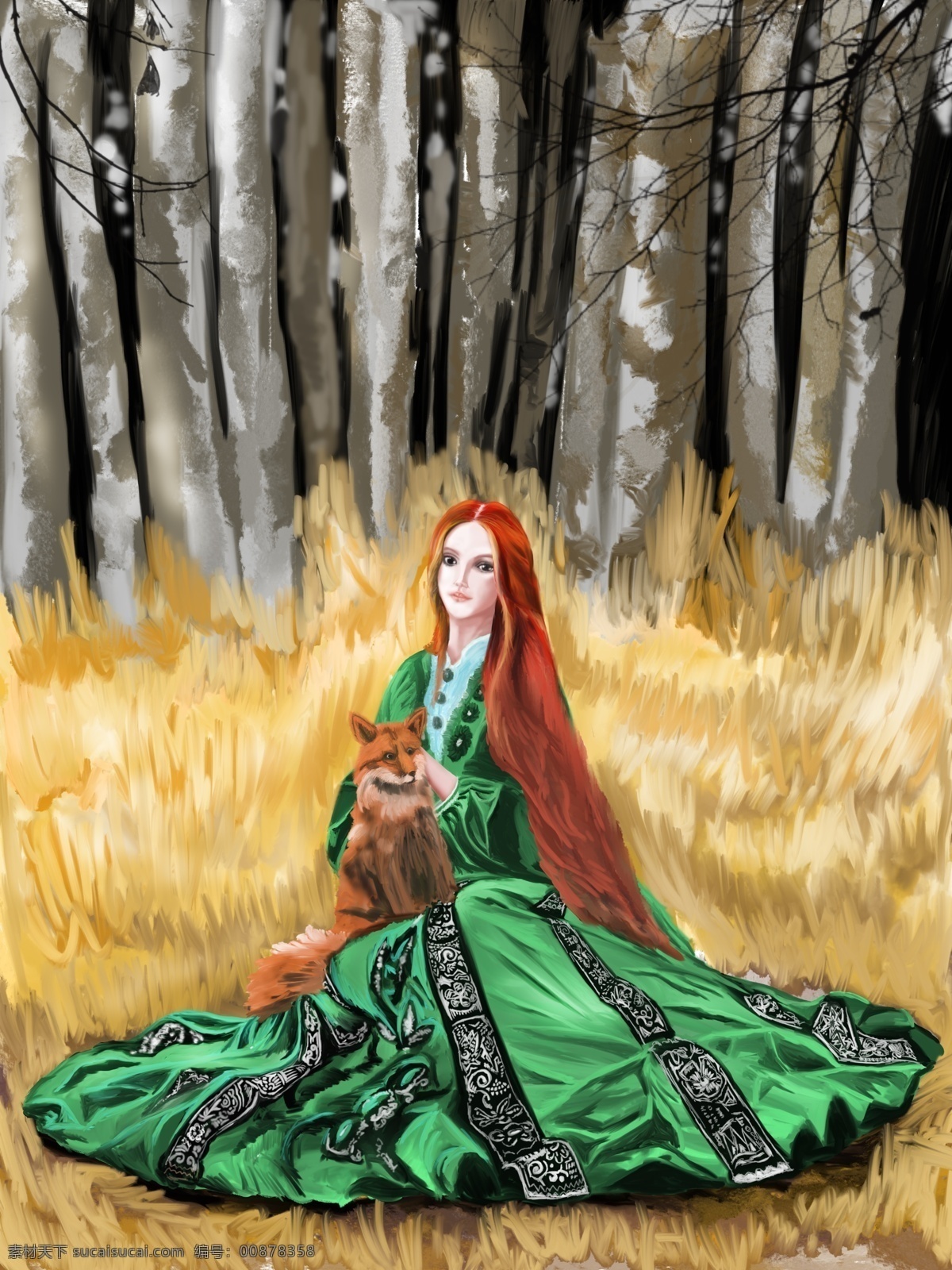 草地 上 抱 狐狸 穿 绿衣 服 女人 树林 绿衣服 抱狐狸的女人 文化艺术 绘画书法