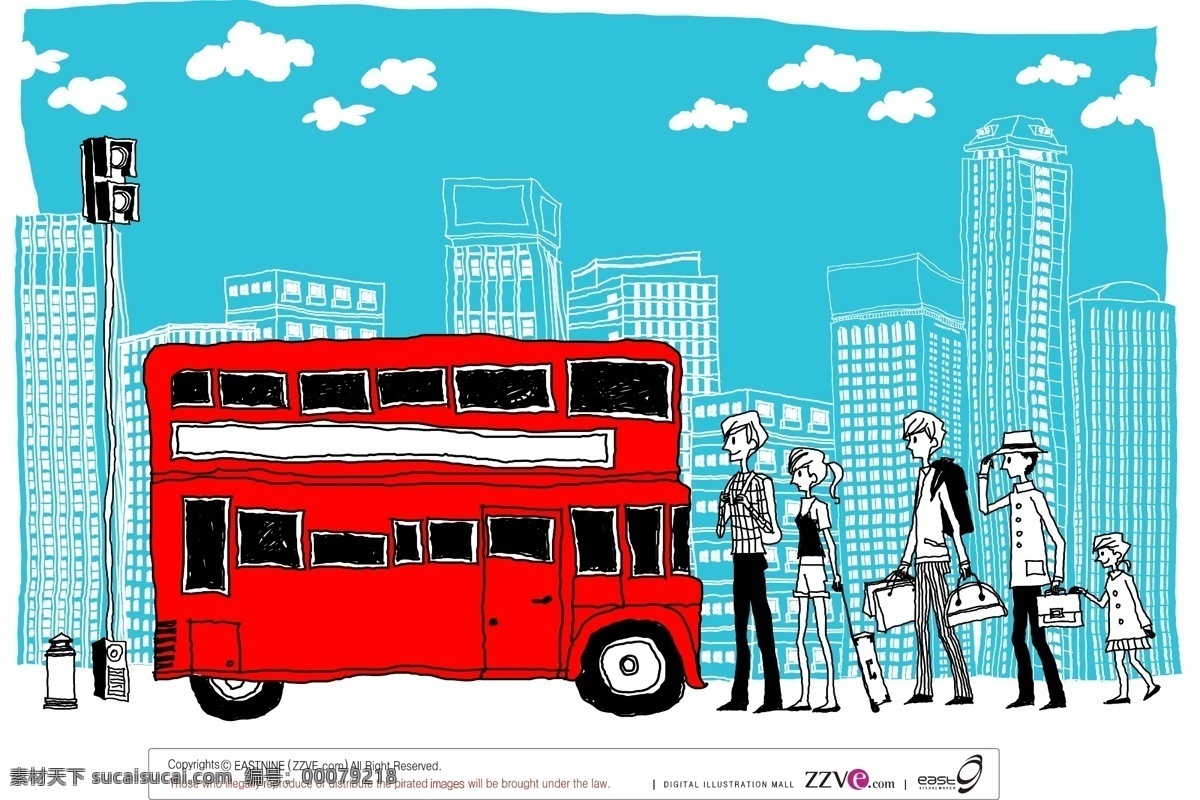 都市 公交 等车 人 风景插画 建筑 卡通画 人物 矢量图 其他矢量图