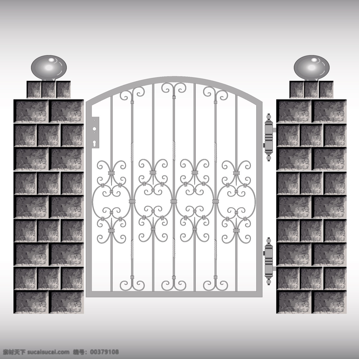 围墙与铁门 围墙 柱子 铁门 投影 线条图 门 铁艺 其他模板 矢量素材 白色