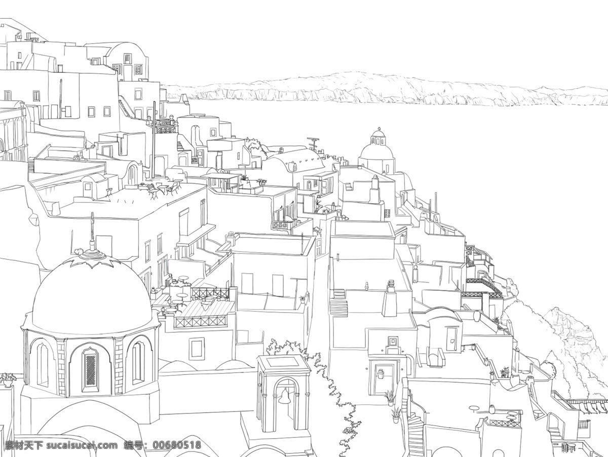 希腊 海边 钢笔 线描 速写 图 外国 国外 铅笔 手绘 素描 线条 风景 动画 卡通 场景 分层 源文件