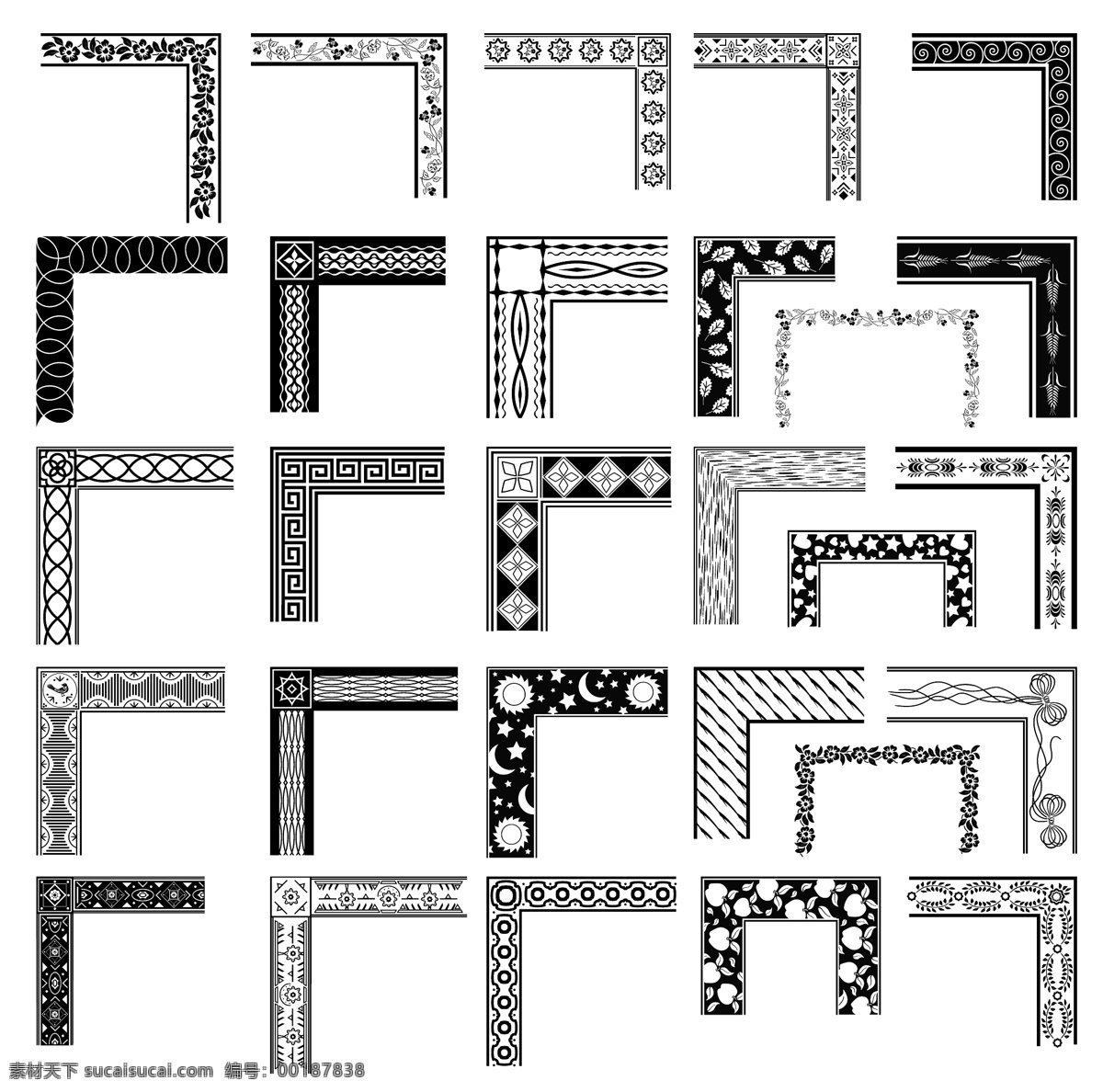 黑色 白色 图案 边框 角 矢量 风格 黑色和白色 边缘 角落 矢量图 花纹花边