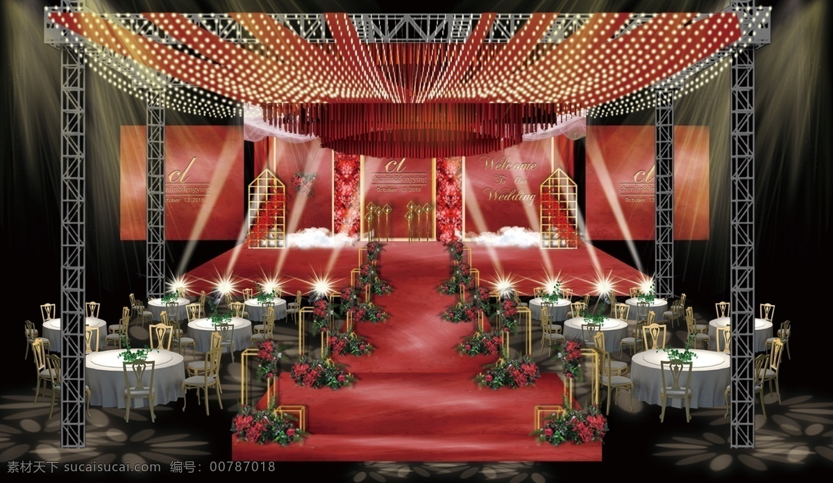 红 金色 婚礼 厅 内 效果图 红金色 婚礼效果图 路引 t台 婚礼厅内 婚礼吊顶 方形交接区 红色系