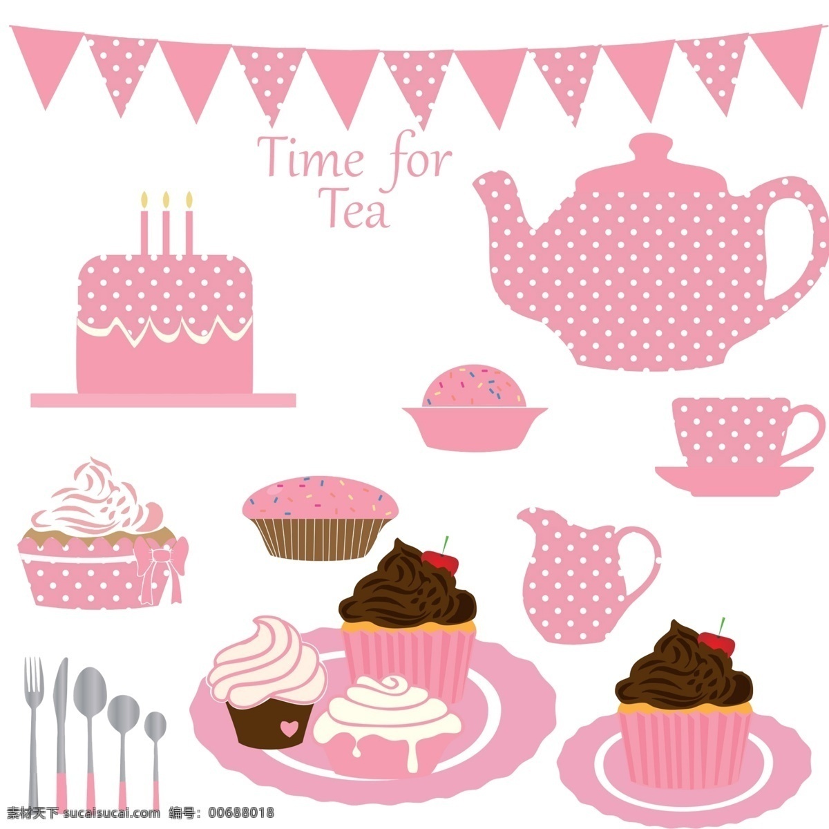 茶杯 蛋糕 刀叉 西餐甜点 卡通甜点 粉色卡通茶具 粉色花边