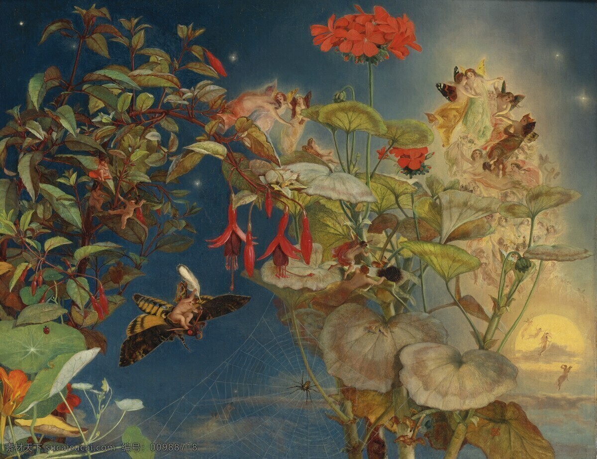 花丛 花卉 绘画书法 蓝天 童话故事 文化艺术 油画 设计素材 模板下载 花仙 19世纪油画 装饰素材