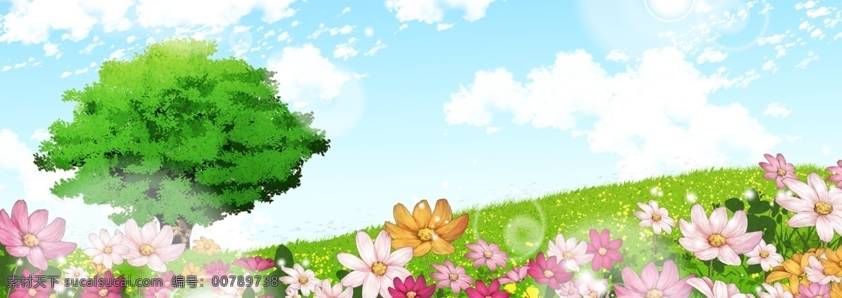 彩色 植物 花朵 装饰 背景 大树 保护环境 景色 风景 草地