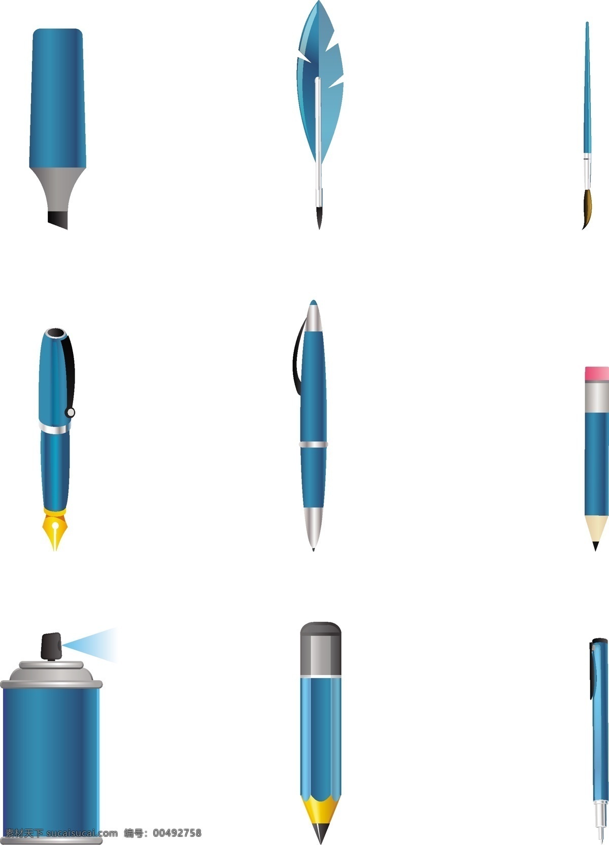 各种各样 笔 彩笔 钢笔 工具 毛笔 喷漆 铅笔 矢量素材 文具 羽毛笔 圆珠笔 喷涂 矢量图 日常生活