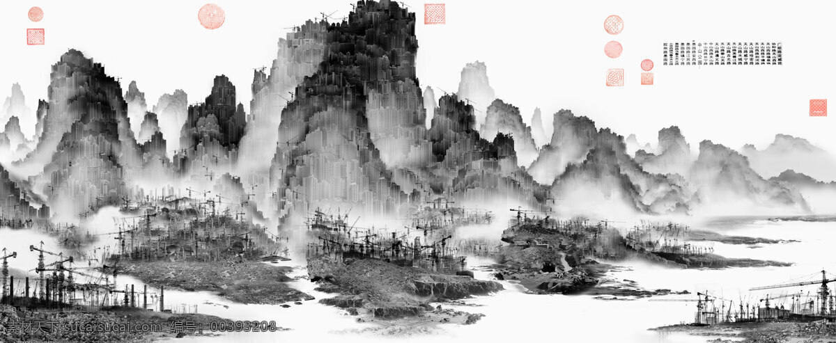 杨泳梁手绘画 中国风水墨画 山水风景画 山河风景 黑白乡村水墨 蜃市山水风景 自然景观 自然风光