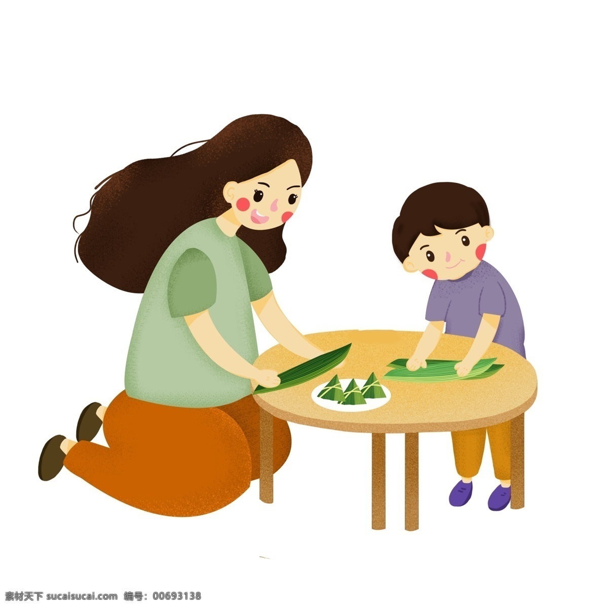 端午节 母子 包 粽子 包粽子 习俗 粽叶 糯米 美食 传统食物 糯米粽子 妈妈 母亲 小孩卡通 桌子卡通