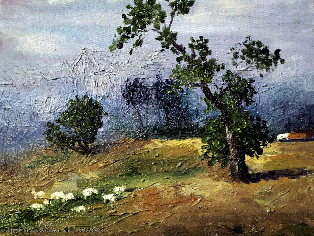 风景 绘画 绘画书法 美术 山岭 山坡 树木 野坡放牧 油画 羊群 油画艺术 油画作品30 文化艺术