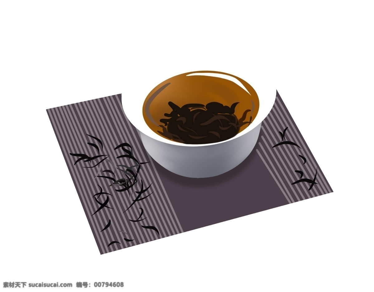 桌垫 上 茶杯 插画 红茶 撒落的茶叶 白色茶杯 一杯清茶 茶文化 泡茶 茶饮 喝茶