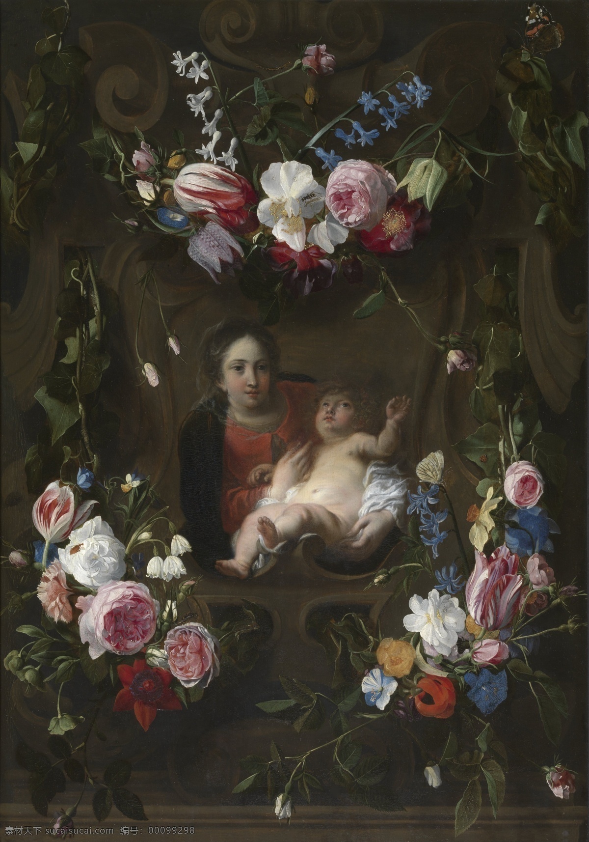 flowers 花卉 水果 蔬菜 器皿 静物 印象 画派 写实主义 油画 装饰画 of garland by surrounded madonna i schut cornelis 荷花 玫瑰 百合 鲜花 实物 装饰素材