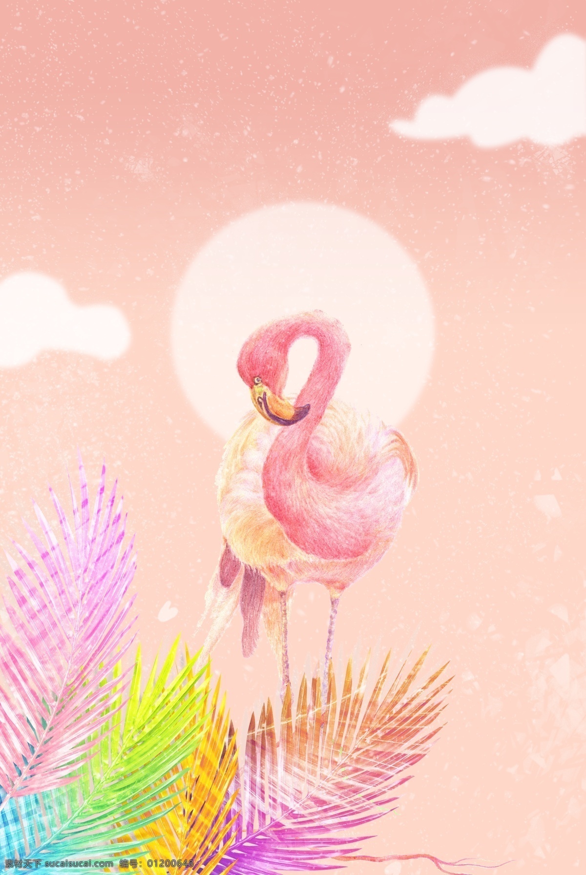 粉色 浪漫 简约 火烈鸟 背景 几何 渐变色 植物 海报