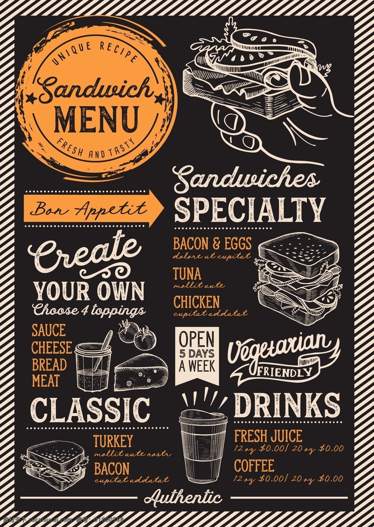 美式 复古 手绘 三明治 汉堡 快餐 菜单 美式复古 快餐菜单 菜单模板 移门图案
