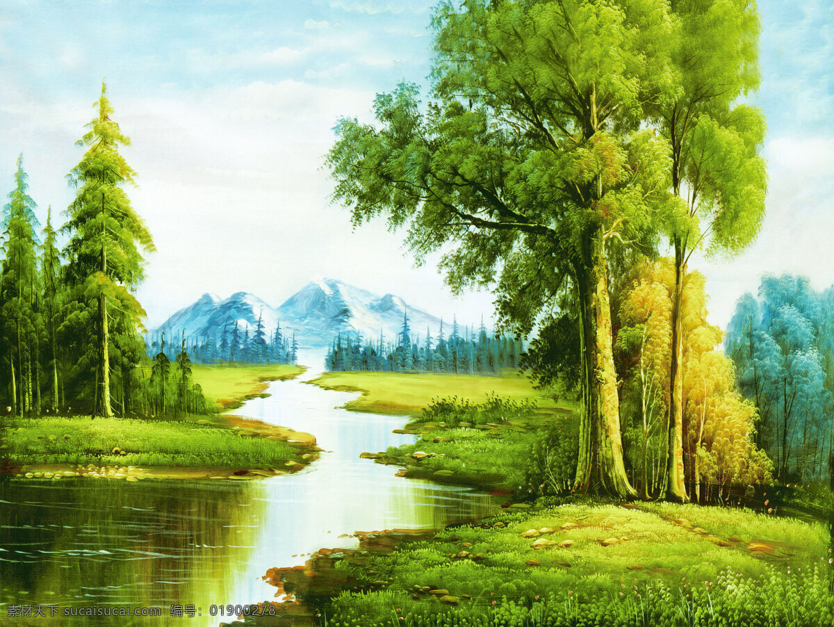 油画 风景 绿叶 白云 蓝天 油画素材下载 绘画书法 文化艺术