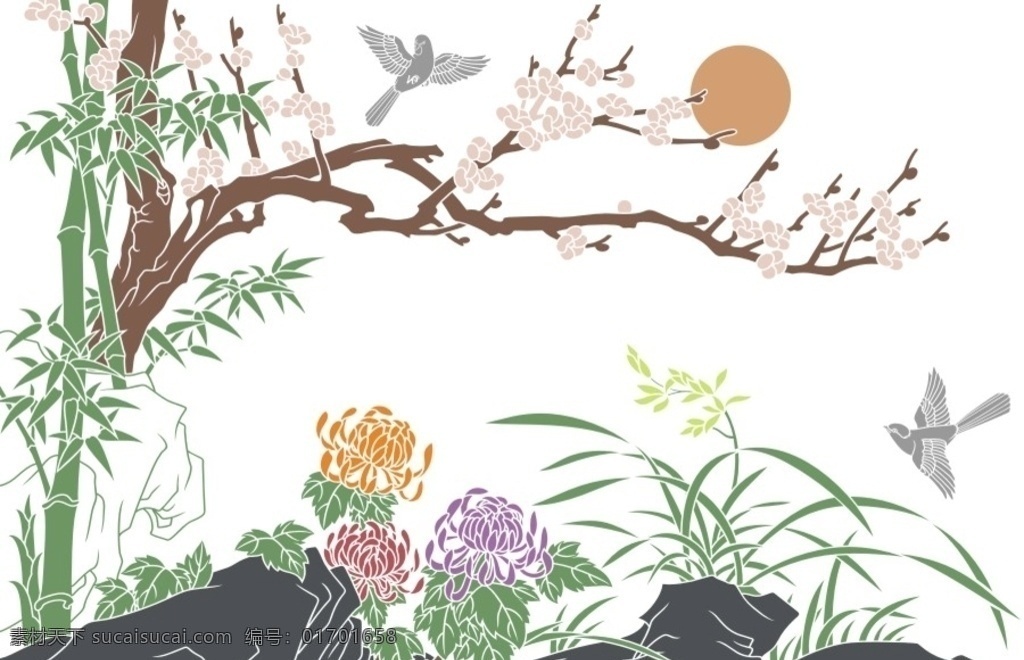 中国风 中式系列 太阳 喜鹊 梅花 竹子 硅藻泥 室内广告设计