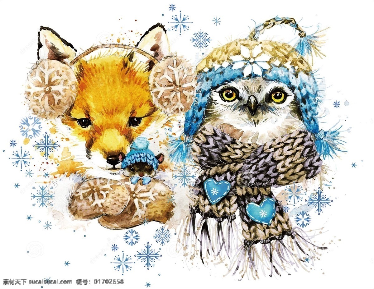 狐狸 毛球 雪花 猫头鹰 手绘 心形 水彩 冬天 围巾 可爱的动物 耳机 宠物 彩绘 文化艺术 绘画书法