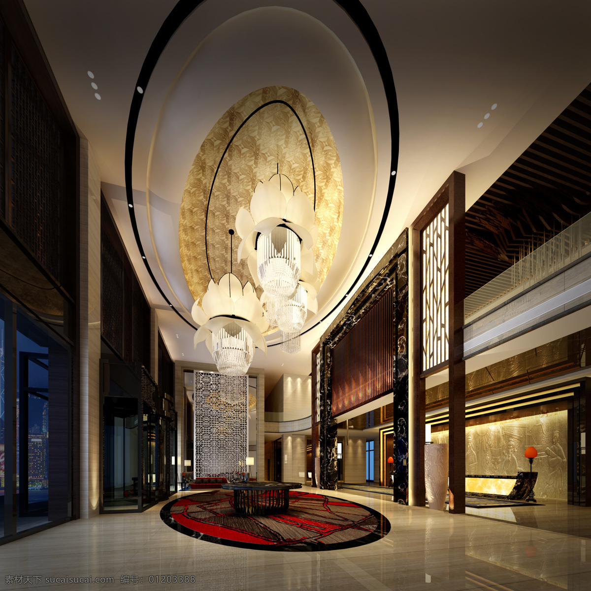 酒店大堂 瓷砖地板 天花灯光 水晶灯吊顶 雕塑 沙发 环境设计 室内设计