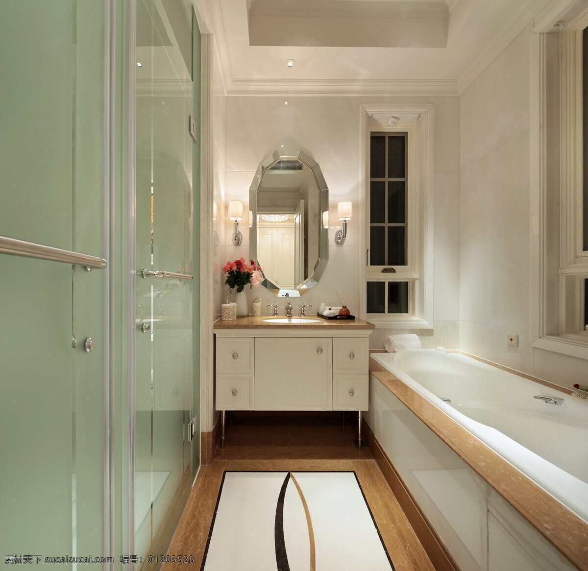 浅色 调 卫生间 洗手台 效果图 玻璃隔断 白色 花纹 地板砖 浴缸 镜子 白色射灯