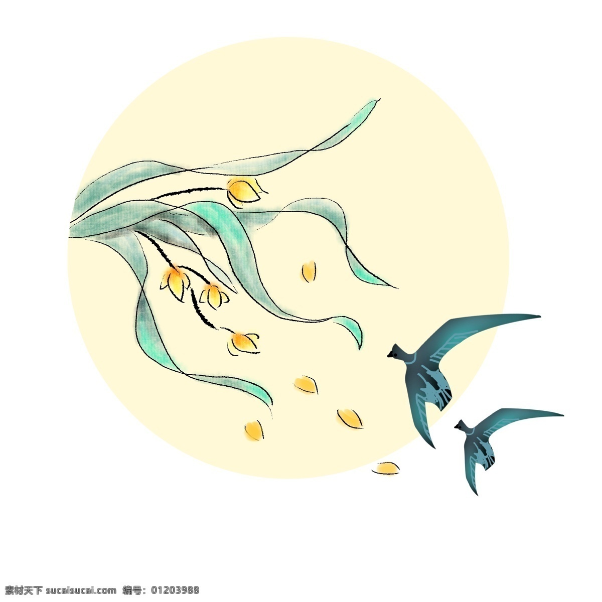 水墨 兰花 手绘 插画 黄色的兰花 黑色的燕子 漂亮的兰花 手绘兰花 卡通兰花 兰花插画