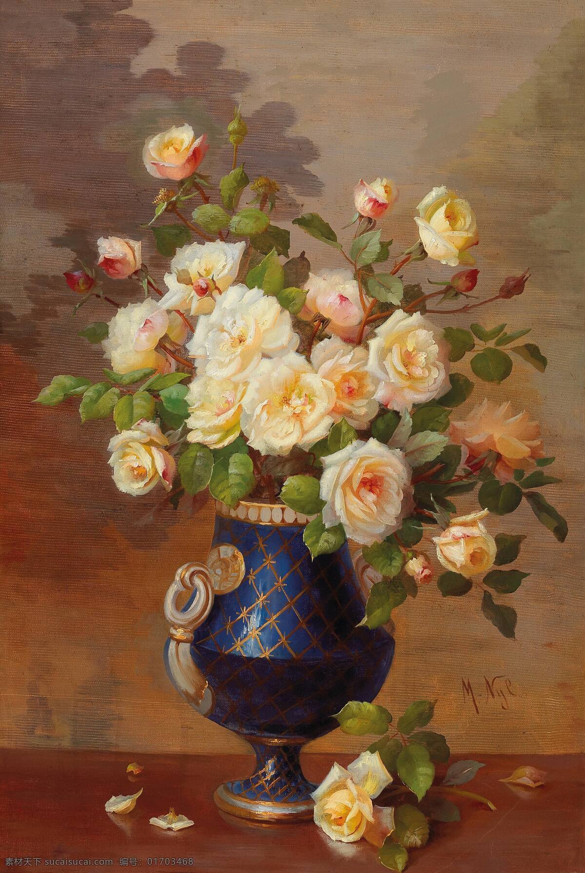 玛丽183 尼罗183 弗罗施作品 奥地利画家 花瓶里 黄玫瑰 静物花卉 散落 19世纪油画 油画 文化艺术 绘画书法