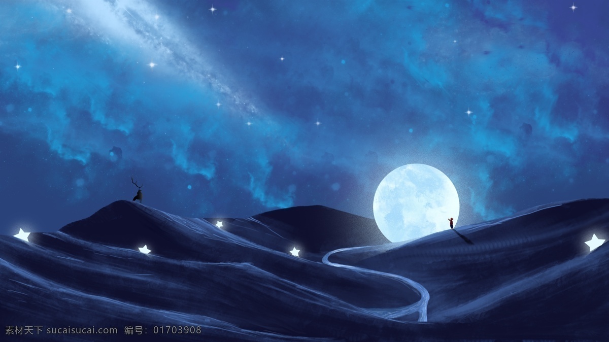 月亮 黑夜 冷峻 山峰 插画 卡通 背景 古风背景 分层