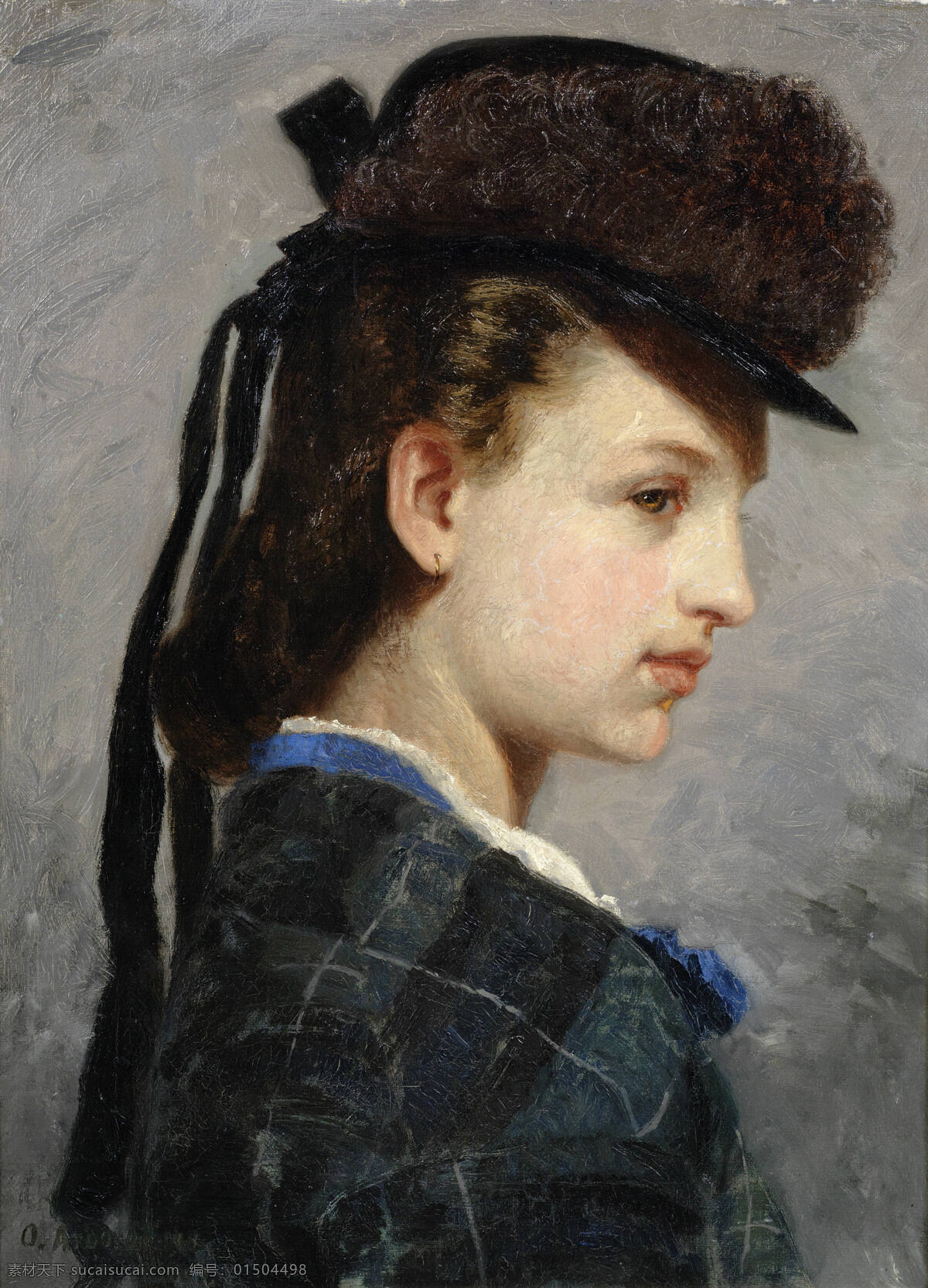 年轻女士 贵族之家 姑娘 黑色帽子 冬装 半身肖像 19世纪油画 油画 文化艺术 绘画书法