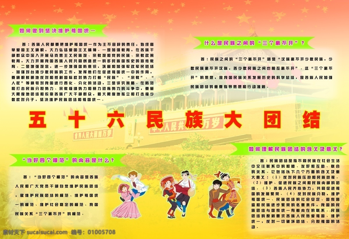五 十 六 民族 大团结 多个民族画 天安门背景 淡红色点点 分层素材背 学校展板 展板模板 广告设计模板 源文件