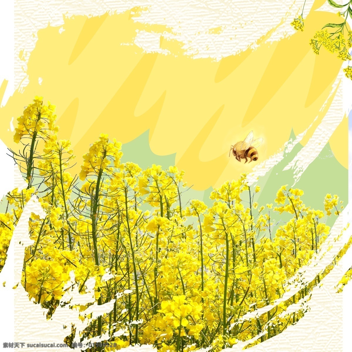 油菜花 蜜蜂 破碎 黄色 广告 背景 破碎背景元素 元素 黄色彩绘背景 花 叶子 广告素材