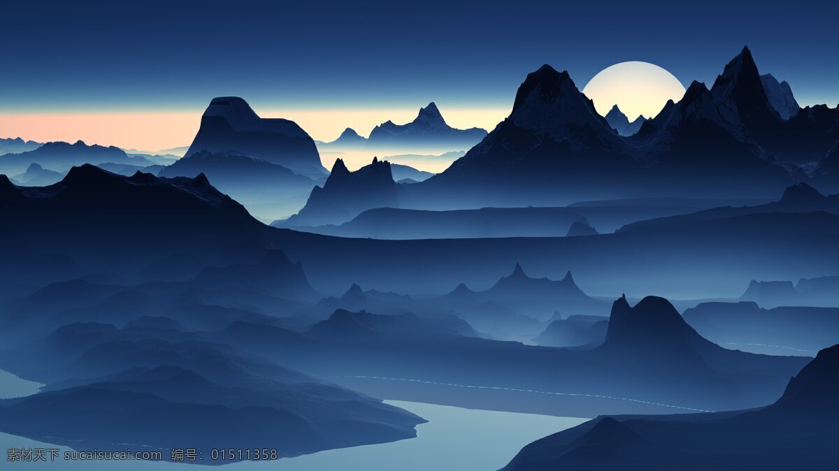 山峰 云雾 月亮 山水画 美景 抽象 作品 云 天空 山峰和云雾 文化艺术 绘画书法