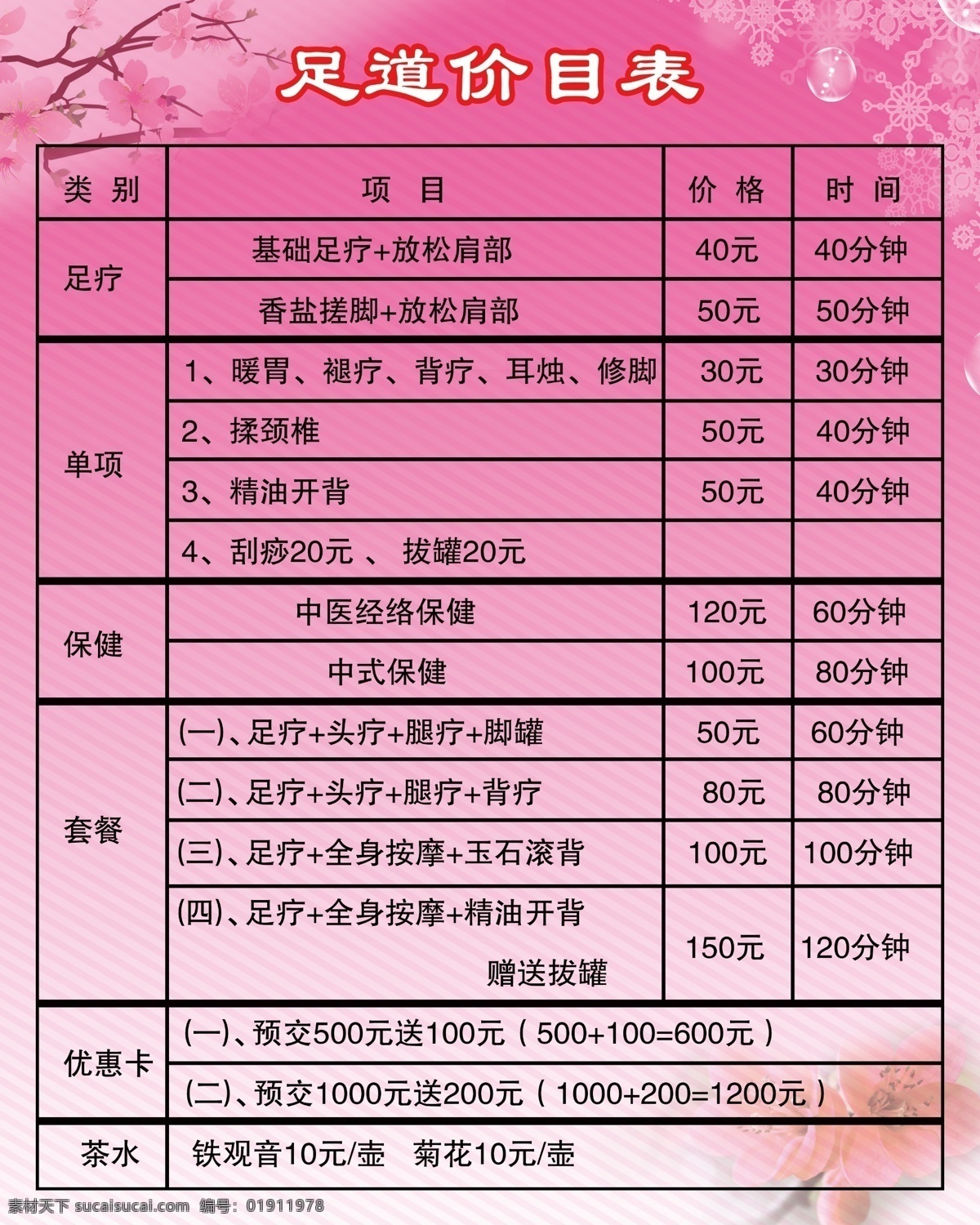 足疗价目表 足疗 背疗 按摩保健 价目表 背景图