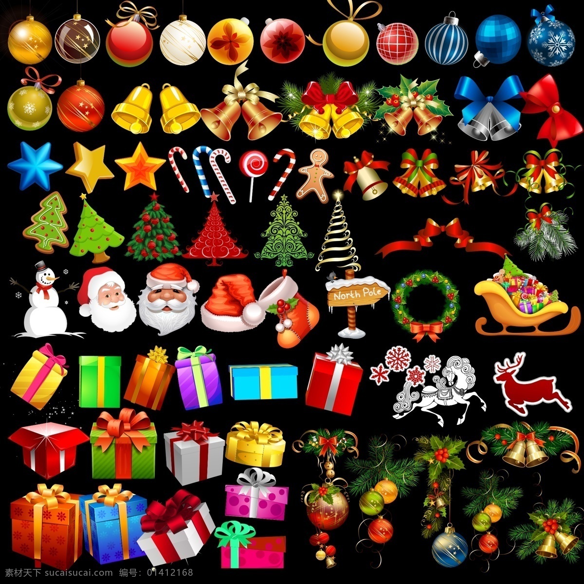 圣诞节 元素 分层 金色铃铛 圣诞节素材 圣诞老人 圣诞树 彩色圣诞球 psd源文件