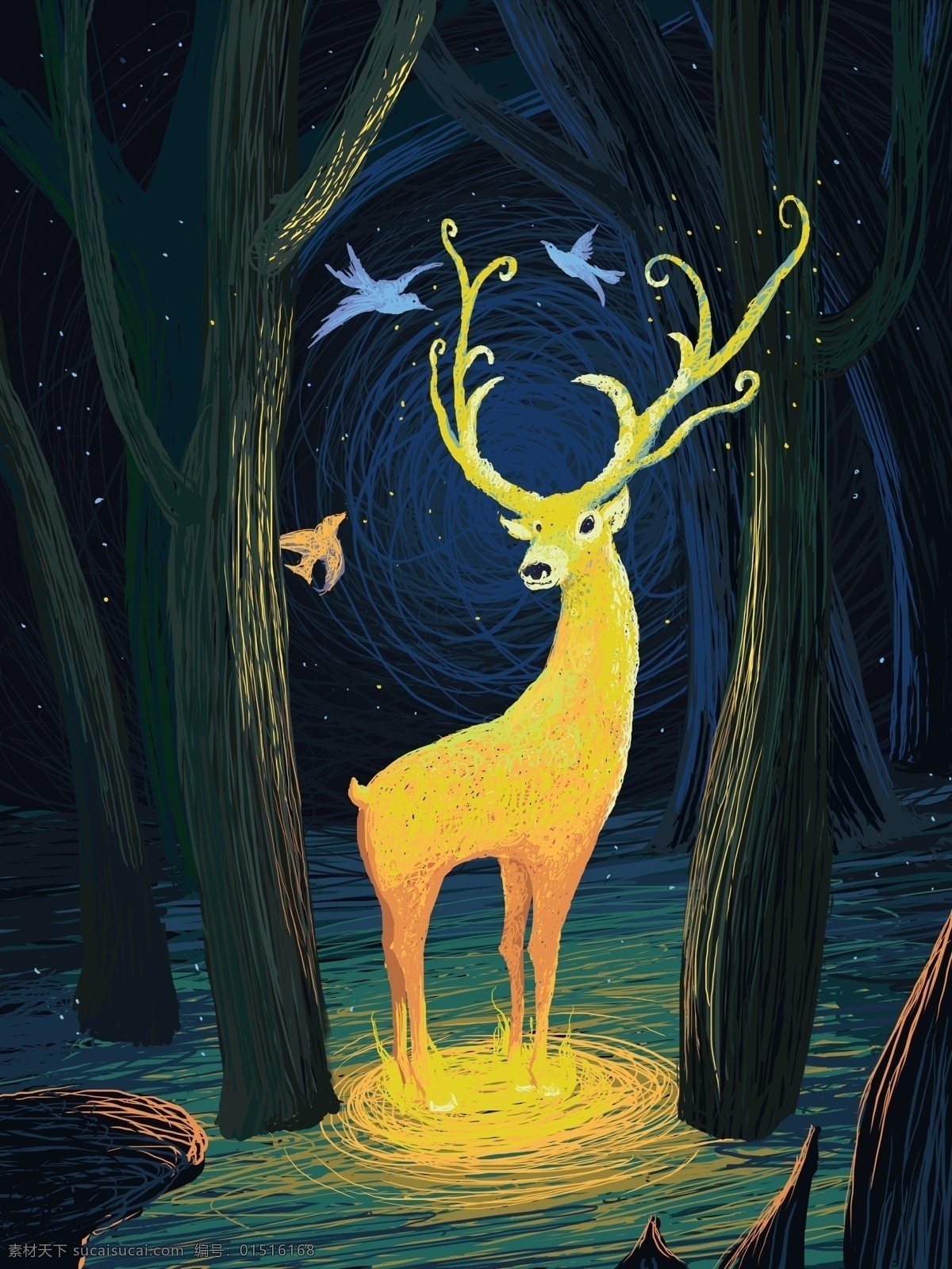 森林 鹿 线圈 治愈 系 精灵 插画 壁纸 插图 唯美 创意 蓝光 森林与鹿 树林 线圈画 治愈系 深林 手绘 原创