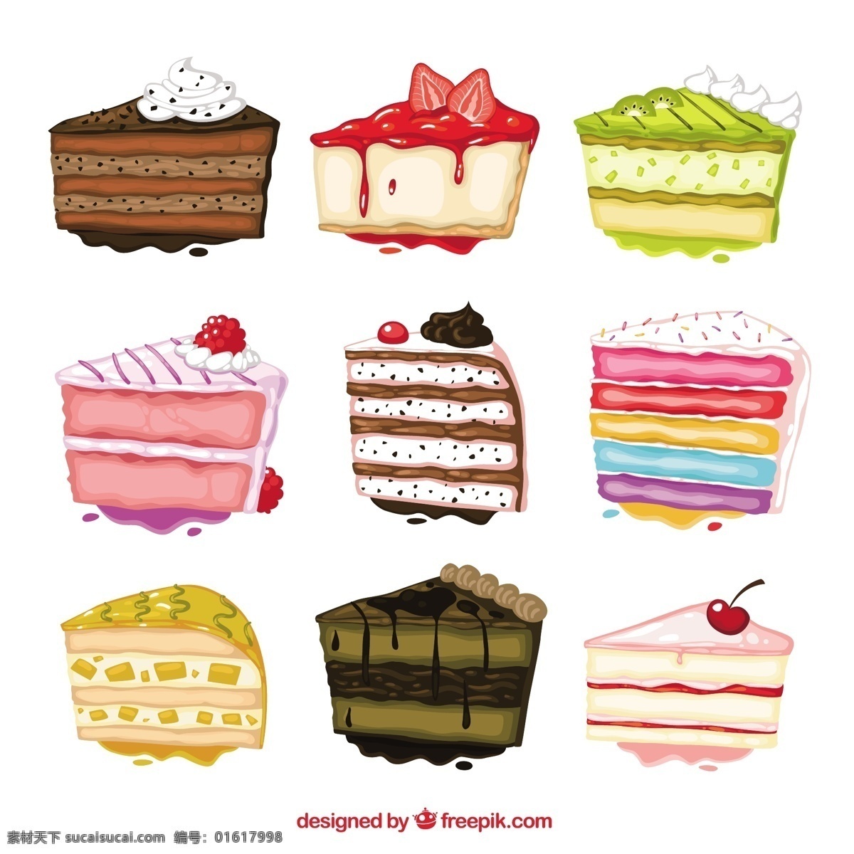 美味三角蛋糕 樱桃 草莓 猕猴桃 奶油 水果 巧克力 甜点 蛋糕 三角蛋糕 彩虹蛋糕 矢量图 ai格式 白色