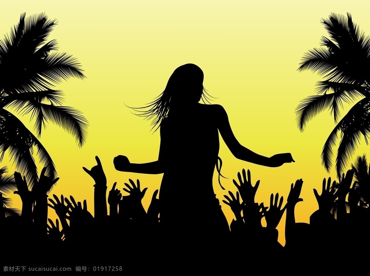 沙滩 派对 剪影 矢量 音乐 舞蹈 跳舞 沙滩派对 椰子树 美女 轮廓剪影 矢量素材