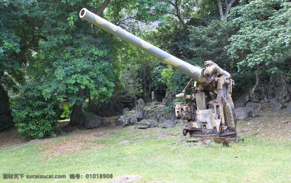 二战 老 旧 高射炮 塞班岛 日军 遗留 废弃 大炮 草地 树木 人物 军事武器 现代科技